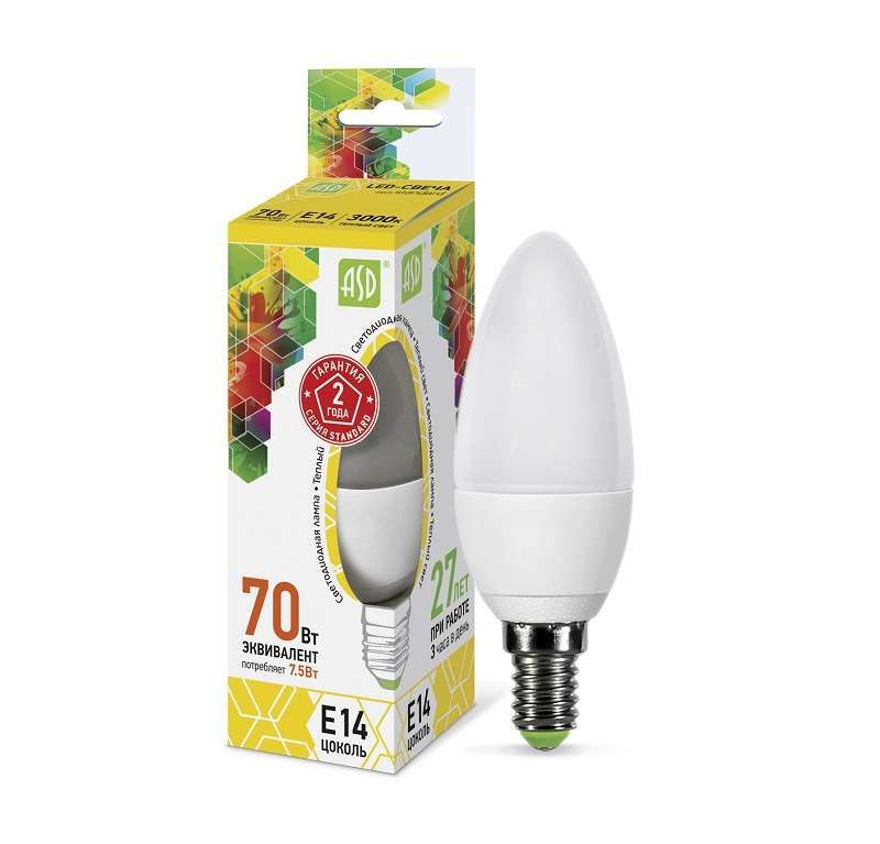 Лампа светодиодная LED-свеча-standard 7.5 Вт свеча 3000К тепл. бел. E14 675 лм 160-260В ASD 4690612003924