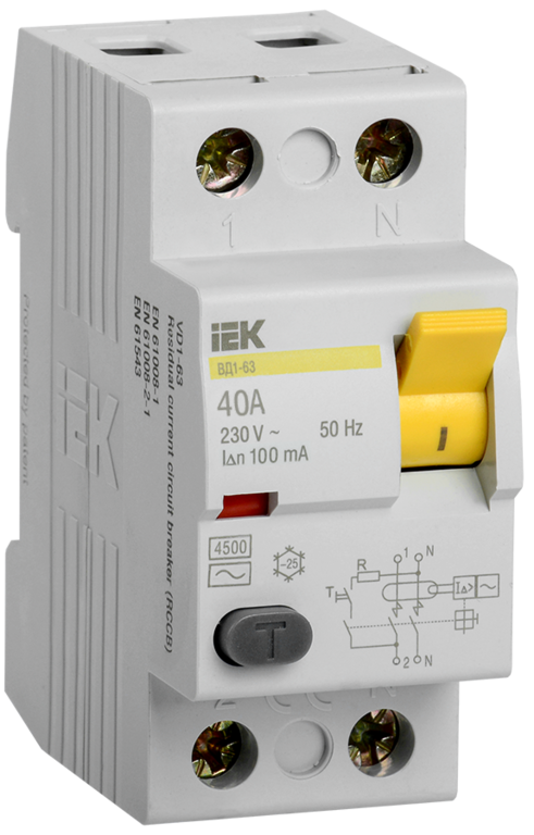 Выключатель дифференциального тока УЗО 2п ВД1-63 40A 100мA IEK