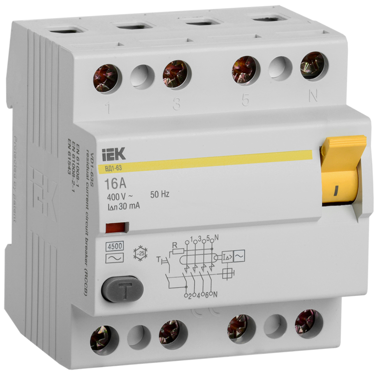 Выключатель дифференциального тока УЗО 4п ВД1-63 16А 30мА IEK