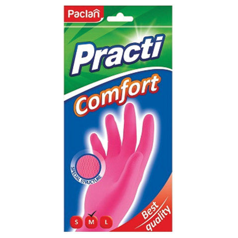 Перчатки МНОГОРАЗОВЫЕ латексные PACLAN "Practi Comfort", хлопчатобумажное напыление, размер M (средний), розовые, вес 62