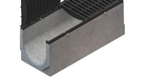 Лоток водоотводной BetoMax DN300 бетонный каскадом h260-h380 с чугунной насадкой для решетки щелевой чугунной с защёлкой
