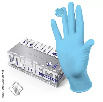 Перчатки нитриловые CONNECT BLUE NITRILE, S, н/стер.(50)
