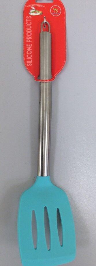 Лопатка с прорезями силиконовая 35см, металлическая ручка, бирюзовая, КС-299