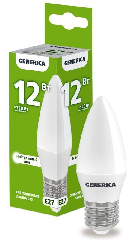Лампа светодиодная C35 12 Вт свеча 4000К E27 230В GENERICA LL-C35-12-230-40-E27-G