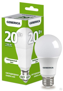 Лампа светодиодная A60 20 Вт грушевидная 4000К E27 230 В GENERICA LL-A60-20-230-40-E27-G 