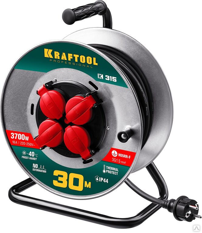KRAFTOOL K-315, КГ 3х1.5 30м 3700Вт IP44, Силовой удлинитель на стальной катушке (55085-30)
