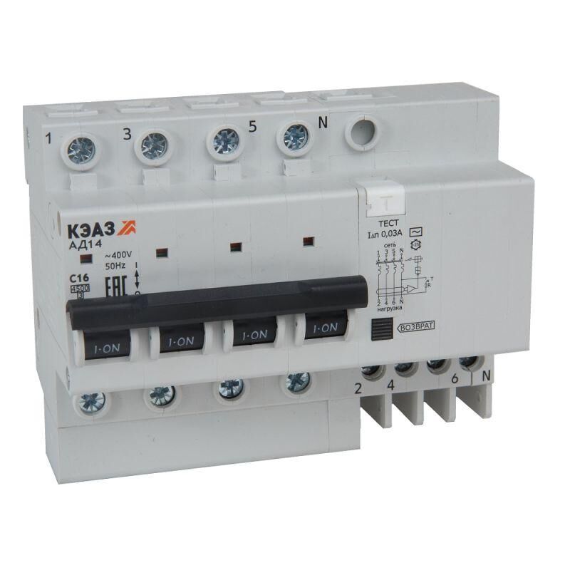 Выключатель автоматический АД14-42C25-АC-УХЛ4 дифференциального тока с защитой от сверхтоков (4P C25 30мА) 4.5кА КЭАЗ 31