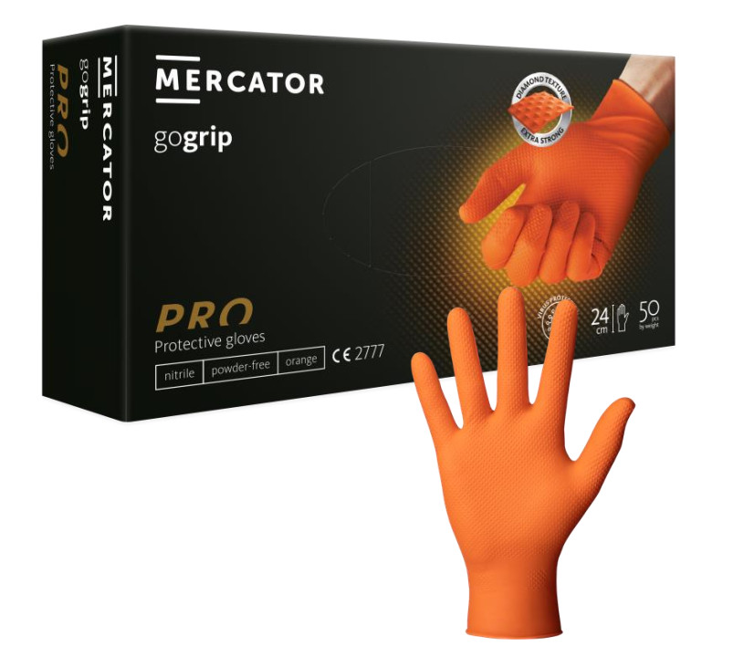 Перчатки нитриловые Mercator Gogrip (50 шт, размер XL) неопудренные, оранжевые, одноразовые