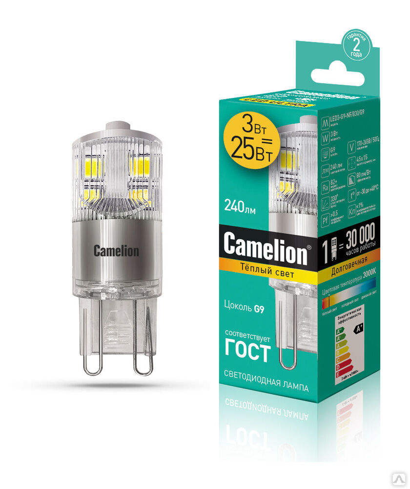 Лампа электрическая светодиодная LED3-G9-NF/830/G9 3Вт 220В CAMELION
