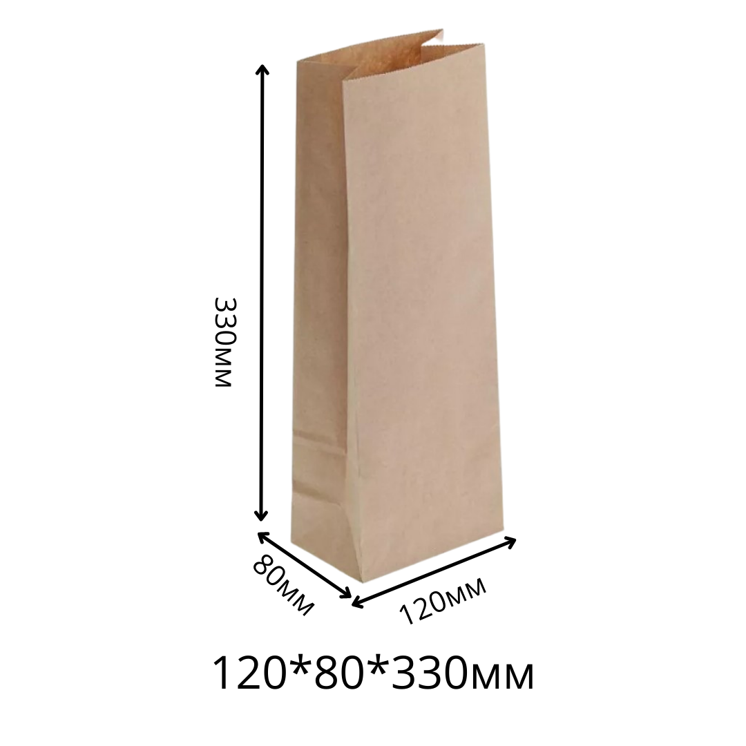 Пакет крафт с прямоугольным дном без ручек, 120х330х80, плотность 60гр./м2, бурый (1000шт/кор)