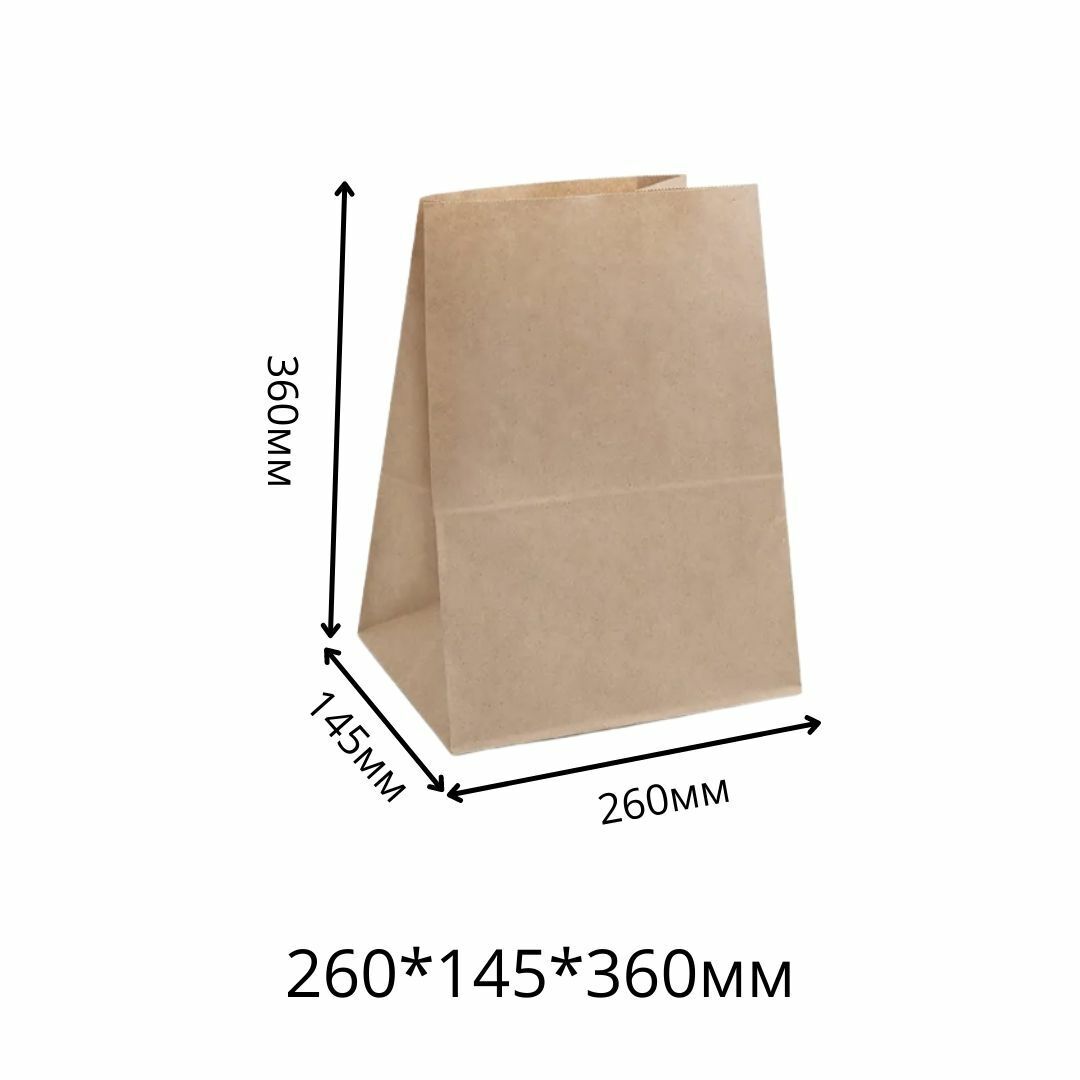 Пакет крафт с прямоугольным дном без ручек, 260х360х145, M, плотность 70гр./м2, бурый (300шт/кор)