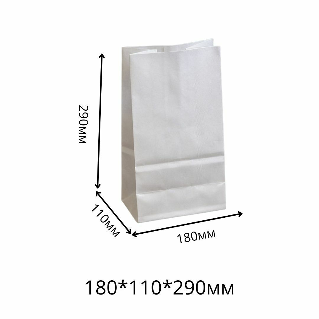 Пакет крафт с прямоугольным дном без ручек, 180х290х110, S, плотность 70гр./м2, белый (500шт/кор)