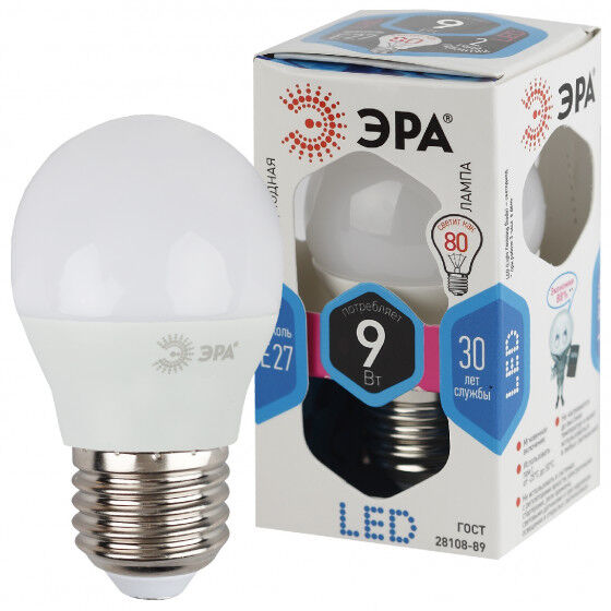 Лампа светодиодная Эра LED Р45-9W-840-E27 (диод, шар, 9Вт, нейтр, Е27)
